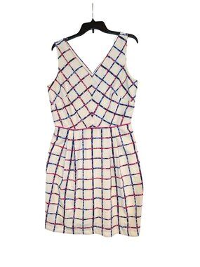 Liz Claiborne Sleeveless V-Neck Dress Multicolor Grid Pattern Womens Size 14 Pol